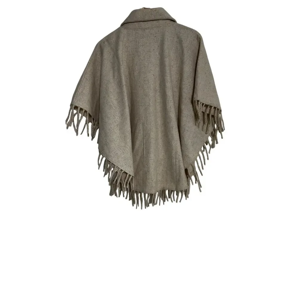 Artilana Wool Cape Poncho Cream Fringe Ruana Wrap Jacket Boho One Size